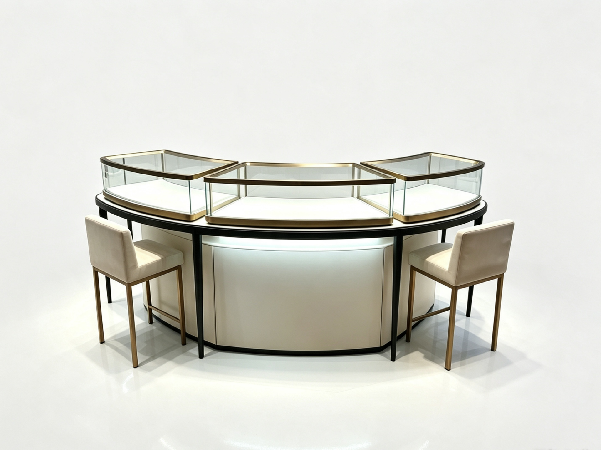 Low-base display counter with storage cabinet