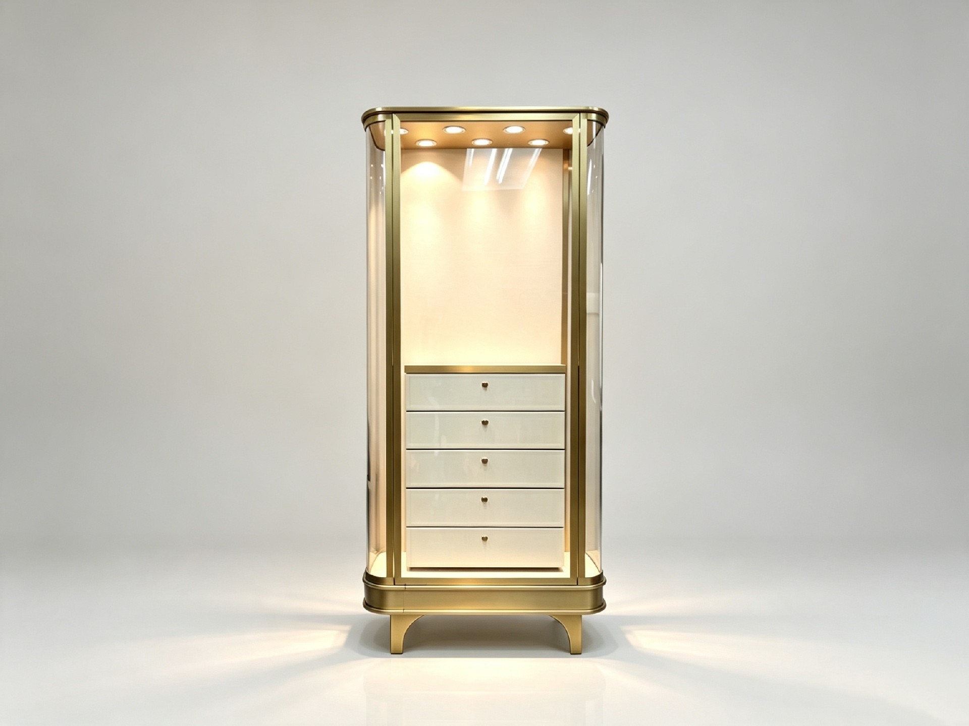Tall Curved Glass Jewelry Display Cabinet with Storage Drawers