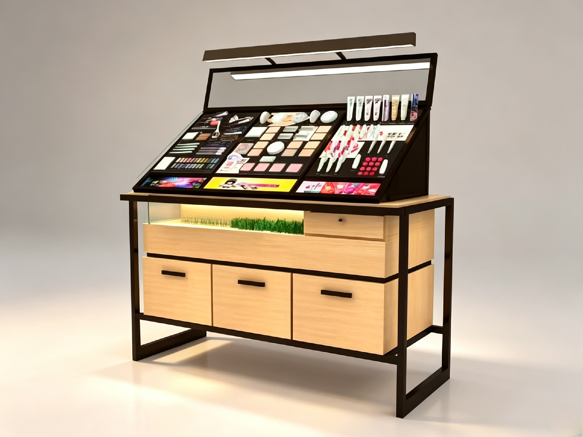 Display cabinets are commonly used for retail cosmetics